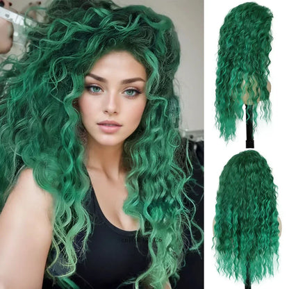 sengpan Green Wigs Costume for Women Synthetic Hair Long Curly Wig Natural Water Wave Hairstyles Thick Fluffy Hair Cosplay Wigs 28 Inch