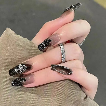 sengpan Black Square Press On Nails with 3D Cross Designs - Full Cover Acrylic False Nails for Women and Girls Detachable Long Fake nail