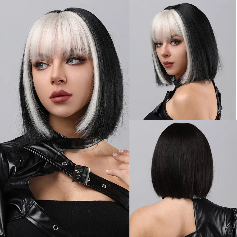 sengpan Bob Wig Black For Black Women Black Short Wig With Bangs Heat Resistant Synthetic Wig Suitable For Everyday Halloween Party Use