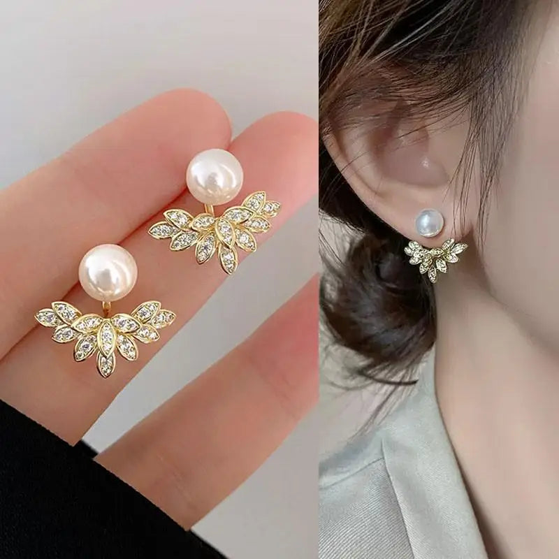 sengpan Korean Vintage Pearl Crystal Earrings For Women Jewelry High-class Luxury Zircon Flower Butterfly Leaf Women's Stud Earrings