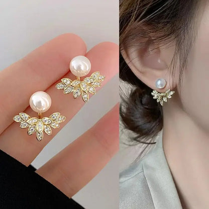 sengpan Korean Vintage Pearl Crystal Earrings For Women Jewelry High-class Luxury Zircon Flower Butterfly Leaf Women's Stud Earrings