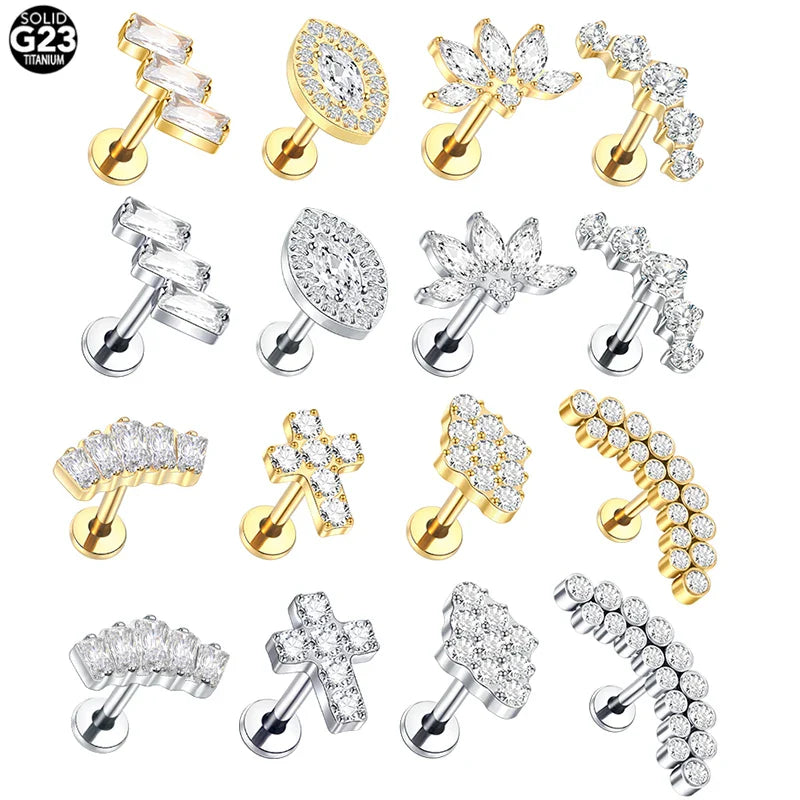 sengpan 1PC Titanium Gold Plated Cartilage Stud Women's Earrings Labret Piercing Zircon Flower Ear Lobe Tragus Helix Lip Rings Jewelry