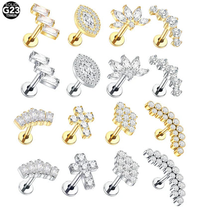 sengpan 1PC Titanium Gold Plated Cartilage Stud Women's Earrings Labret Piercing Zircon Flower Ear Lobe Tragus Helix Lip Rings Jewelry