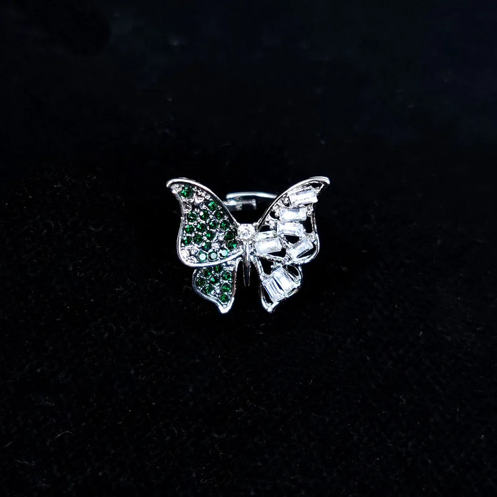 sengpan Trendy Shining Butterfly Adjustable Opening Ring For Women Crystal Acrylic Inlay Fashion Party Hand Accessories Jewelry