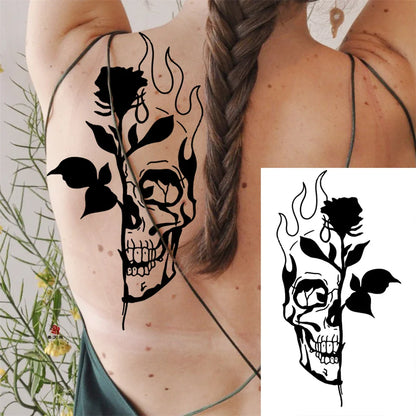 sengpan Death Skull Flower Temporary Tattoo For Women Girls Snake Bird Peony Tattoo Sticker Black Fake Blossom Sexy Tatoo Transfer Adult