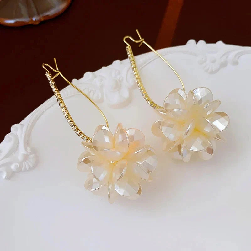 sengpan Summer Long Flower Earrings Hand-made Pearl Beaded Korean Fashion Shiny Earrings Sweet Jewelry Gifts