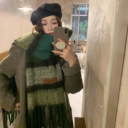 sengpan Retro Imitation Cashmere Scarf Winter Women Fashion Green Mohair Striped Scarves Korean Classic Thicken Warm Soft Shawl