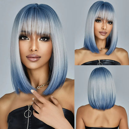 sengpan Medium Length Blue White Ombre Straight Synthetic Hair With Bangs Short Bob Cosplay Wig for Women Daily Party Heat Resistant