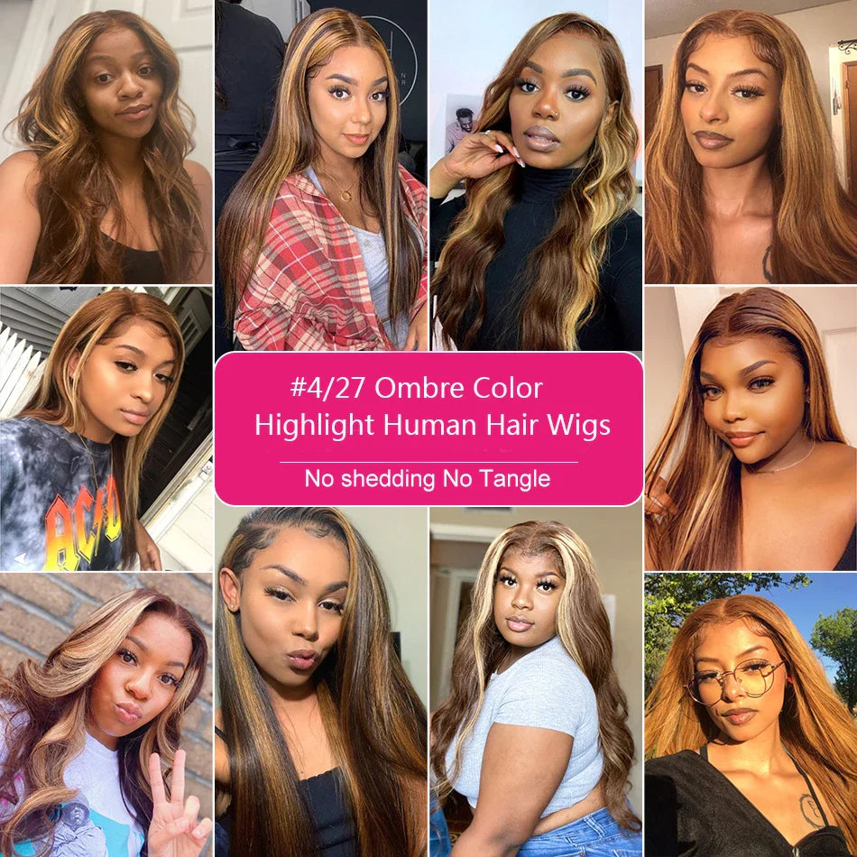 sengpan 13x6 Highlight Ombre Straight Lace Front Human Hair Wig Honey Blonde Colored Bone Straight Lace Frontal Wigs For Black Women