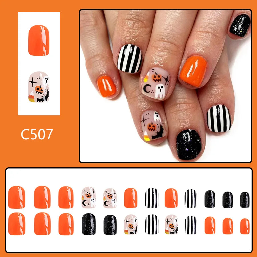 sengpan 24pcs/set Halloween Press-On Nails Set - Short Square, Glossy Finish with Cute Ghost & Pumpkin Designs in Orange/Black for Women