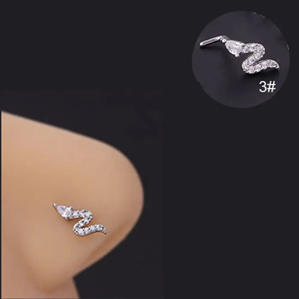 Lianfudai New Fashion Unisex Zircon Punk Style Nose Nail Titanium Steel L Shaped Nose Studs Piercing Jewelry