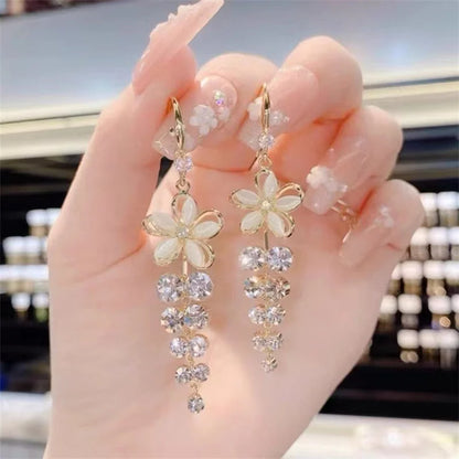 sengpan Luxury Crystal Flower Tassel Drop Earrings for Women Shiny Zircon Opal Long Dangle Earrings Girls Party Wedding Jewelry Gift