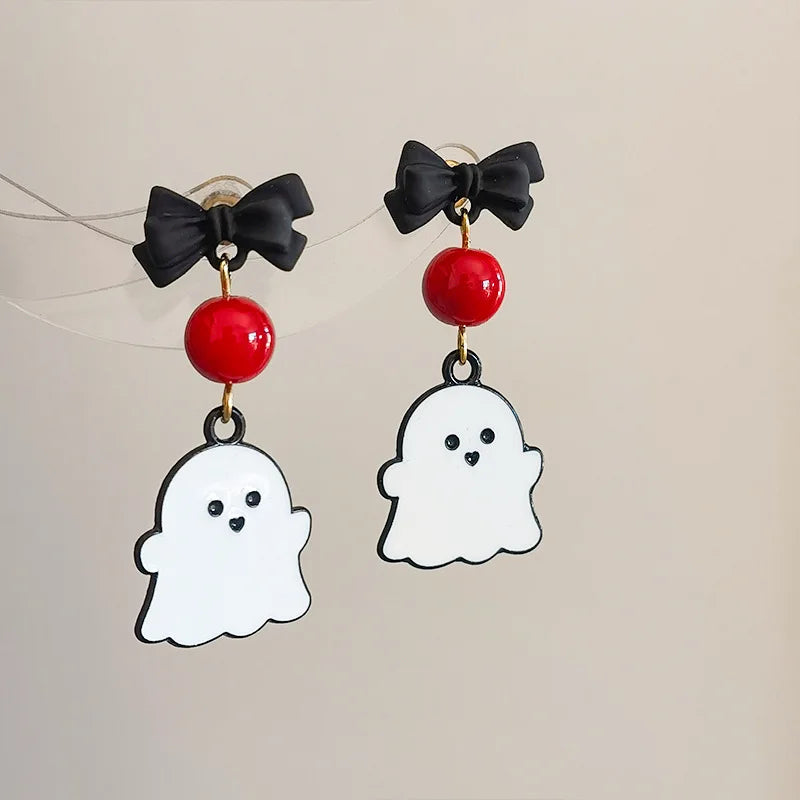 sengpan Fancy Resin Halloween Ghost Drop Earrings For Women Red Bowknot Flannel Ghost Dangle Earring Christmas Festival Party Jewelry