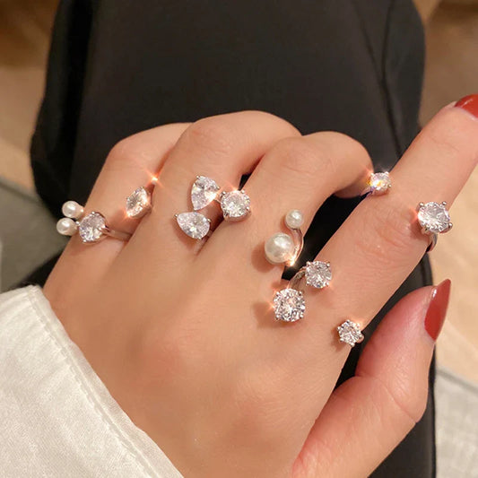 sengpan New Trendy Crystal Pearl Ring Butterfly Opening Rings Girls Fashion Shiny Zircon Jewelry Female Wedding Jewelry Gifts