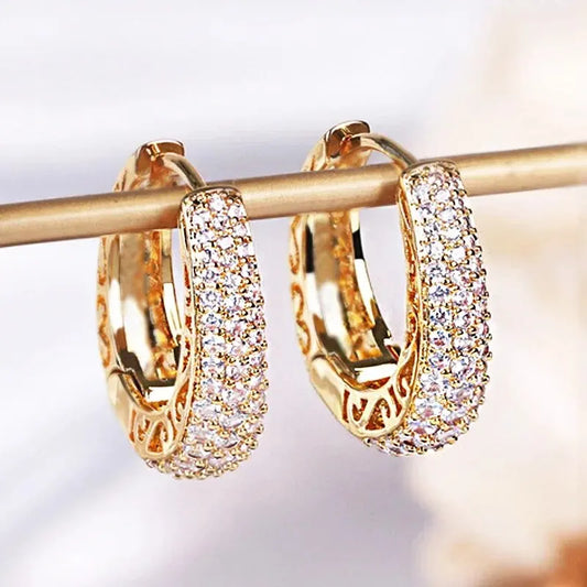 sengpan Full Sparkling Zircon Inlaid Golden Hoop Earrings Retro Elegant Style 18K Gold Plated Jewelry Female Gift