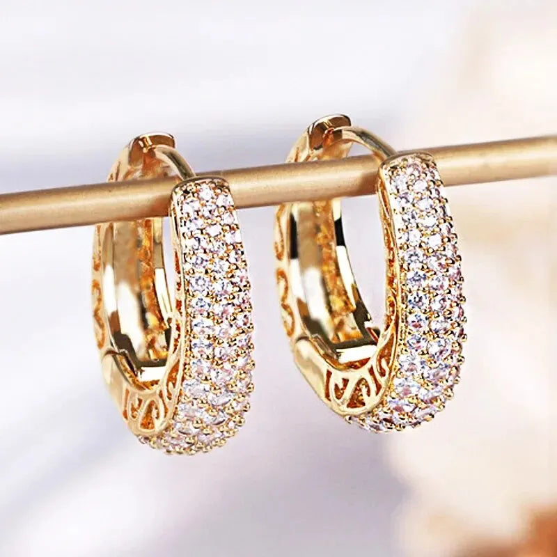 sengpan Full Sparkling Zircon Inlaid Golden Hoop Earrings Retro Elegant Style 18K Gold Plated Jewelry Female Gift