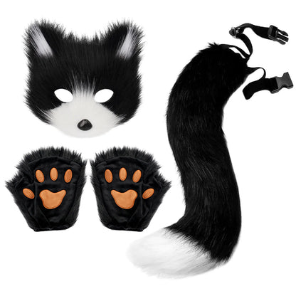 sengpan Fluffy Fur Fox Tail Keychain Cat Paws Gloves and Wolf Therian Mask Set for Halloween Cosplay Costume Accessories