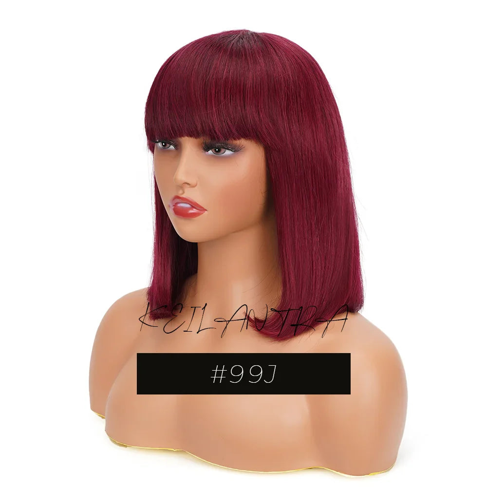 sengpan Straight Human Hair Bob Wigs with Bangs Remy Full Machine Made for Women Hightlight Burgundy Brown Colored BOB Wig