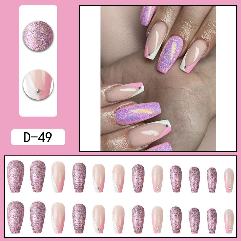 sengpan 24pcs French Point Diamond Fake Nails Wearing Artificial Square Head Press On Acrylic Nail Art Pearl Patch Almond False Nails