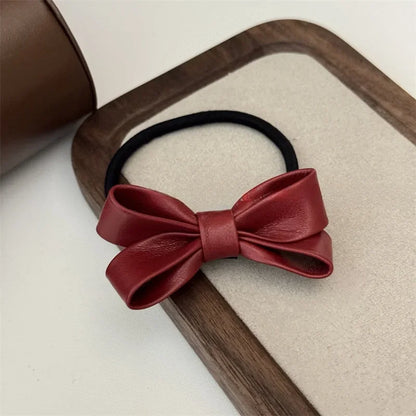 sengpan New Autumnand Winter Chrismas Decor Fashionable Ankorra Red PU Leather Butterfly Hair Tie Hair Clip Red Hair Accessories BowKnot