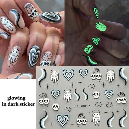 sengpan Luminous Nail Stickers Glow In Dark Halloween Nail Art Decoration Cartoon Skull Ghost Sliders Bones Spider Decal Tattoo GLYB-018