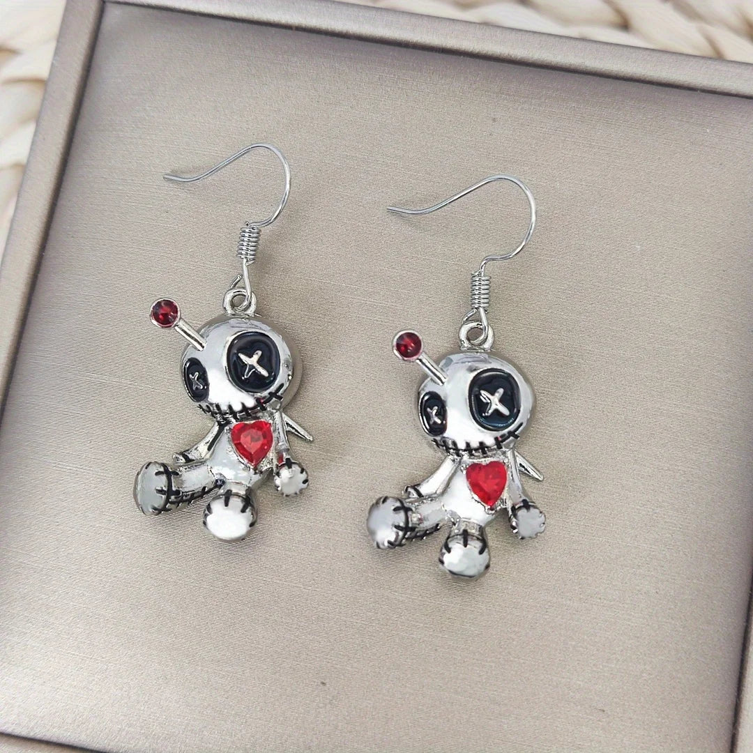 sengpan 1 Pair Creative Funny Voodoo Doll Red Heart Pendant Earrings, Punk Cartoon Holiday Decoration Accessories, Halloween Gift