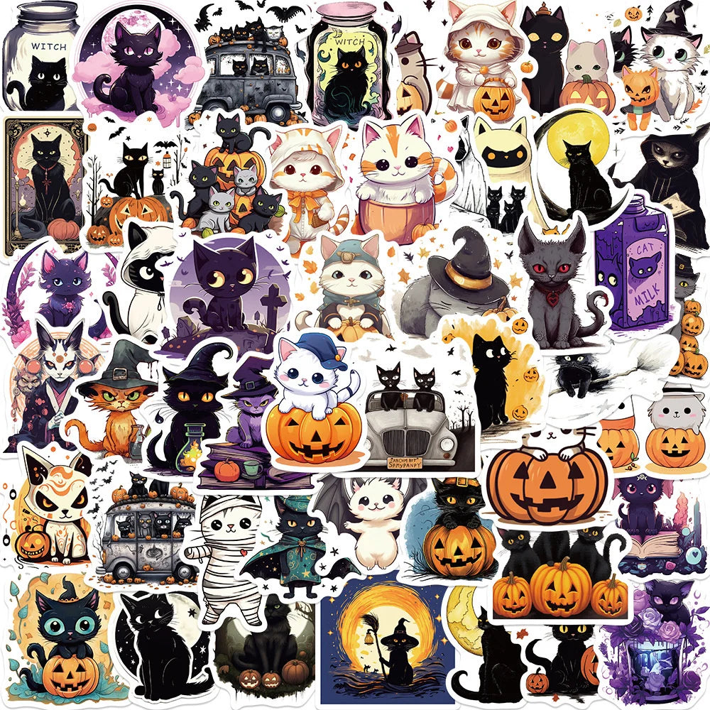 sengpan Halloween Cat Stickers for iPad, Scrapbook, Suitcase, Phone, Vintage Stationery Things, DIY Sticker, Craft Supplies, 50Pcs