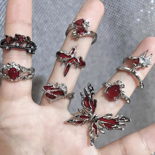 sengpan Vintage Red Enamel Cross Open Rings For Women Men Punk Hip Hop Irregular Lava Texture Rings Y2K Aesthetic Jewelry