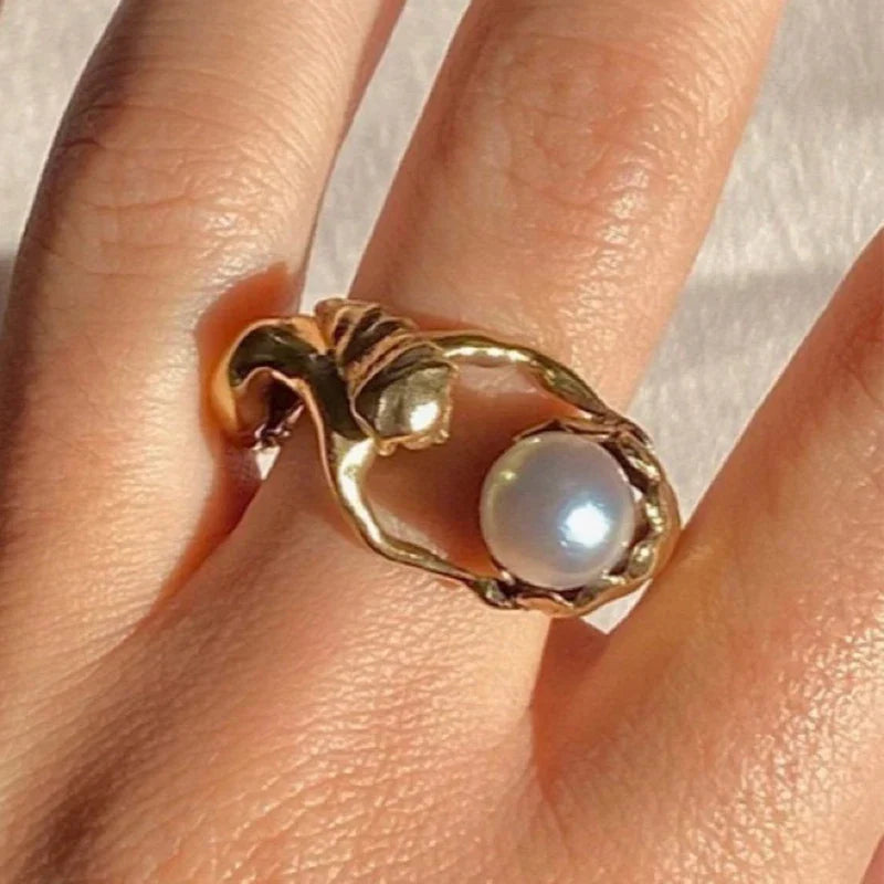 sengpan Ins Stainless Steel 18-K Gold Plated Hug Ring Vintage Hug Baroque Pearl Rings For Women Girls Fashion Jewelry Gift