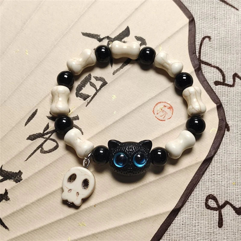 sengpan 2PCS Tassels Big Eye Cat Bracelets for Women Men Sweet Cool Skull Ceramic Beaded Bracelet Aesthetic Party Jewelry Accessories