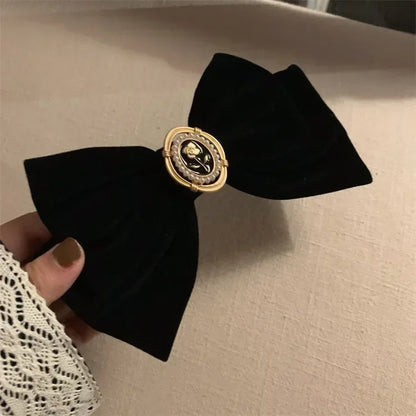 sengpan New Black Velvet Bow Hair Pins Elegant Fabric Alloy Roses Hair Clips for Women Fashion Ponytail Barrette Headwear Accessories