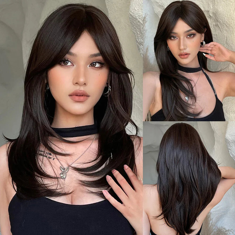 sengpan Ombre Synthetic Straight Cosplay Women Hair Platinum Blonde to Black Hair Long Layered Natural Wigs with Bangs for White Women