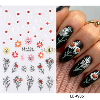 sengpan 5D Embossed Halloween Nail Stickers Skull Chams Spooky Flower Ghost Nail Decals Spider Web Skeleton Sliders for Manicure NTJI-5D