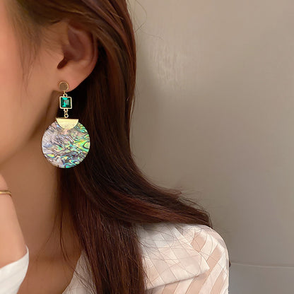 sengpan Vintage Big Long Round Abalone Shell Drop Earrings for Women Green Crystal Geometric Pendant Earring Unusual Jewelry