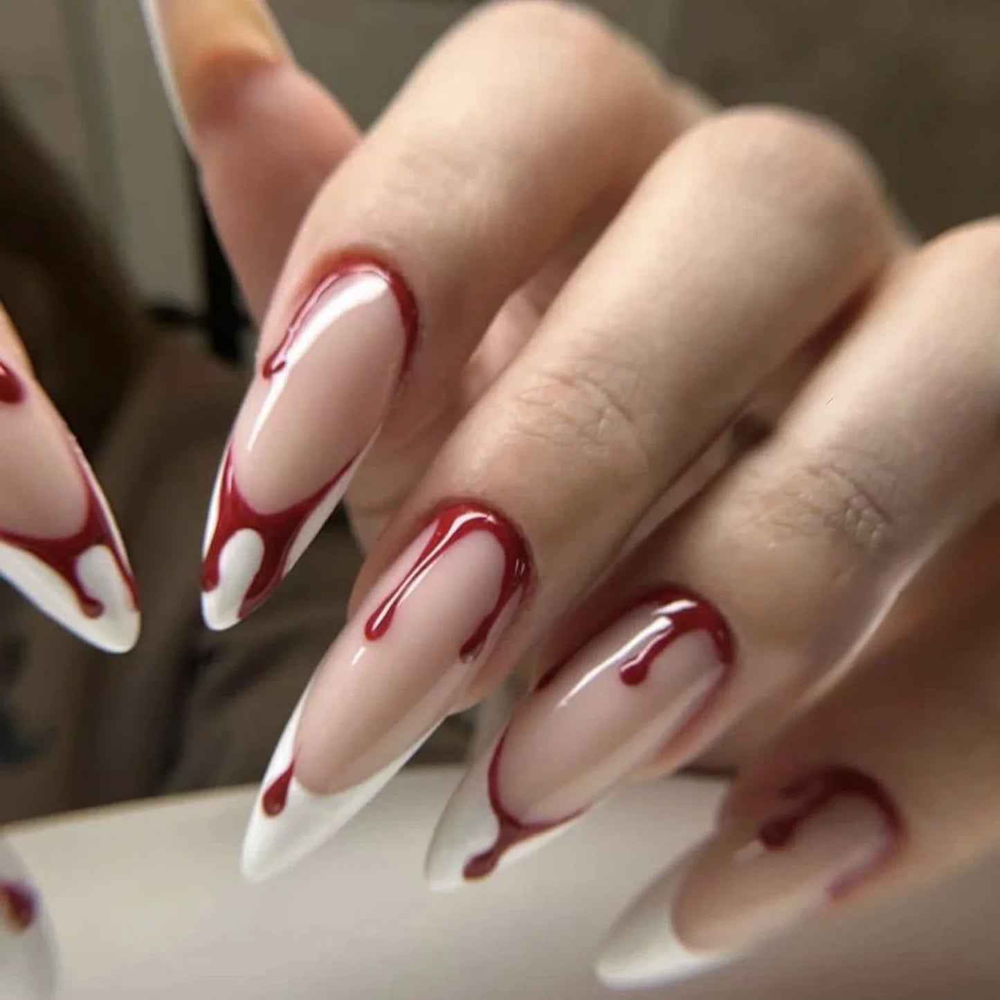 sengpan 24pcs Blood Red Fake Nails Gradient Long Pointed False Nail Patch Full Cover Wearable Fake Nail Tips Halloween Manicure Sets