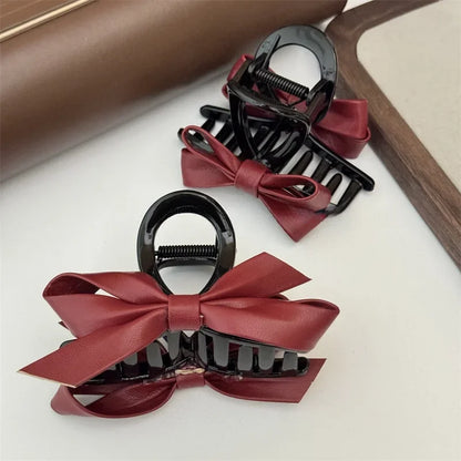 sengpan New Autumnand Winter Chrismas Decor Fashionable Ankorra Red PU Leather Butterfly Hair Tie Hair Clip Red Hair Accessories BowKnot