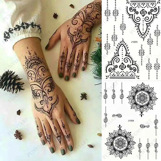 sengpan Black Henna Temporary Tattoos for Women Lace Flower Mehndi Sticker for Hand Fake Henna Tattoo Sticker Body Art Hena Tatoo