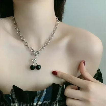 sengpan Punk Red Cherry Pendant Choker Y2k Necklace Earrings Chains for Women Girls Summer For Dancing Party Stainless Steel Jewelry