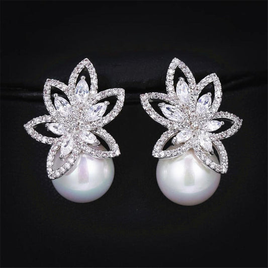 sengpan Fashion Imitation Pearl Wedding  Jewelry Elegant Zircnia Crystals Stud Earrings For Women Patry Dress Accessories CE1858