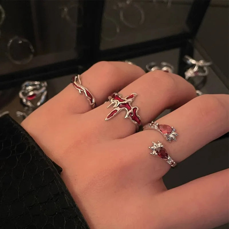 sengpan Vintage Red Enamel Cross Open Rings For Women Men Punk Hip Hop Irregular Lava Texture Rings Y2K Aesthetic Jewelry