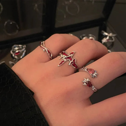 sengpan Vintage Red Enamel Cross Open Rings For Women Men Punk Hip Hop Irregular Lava Texture Rings Y2K Aesthetic Jewelry