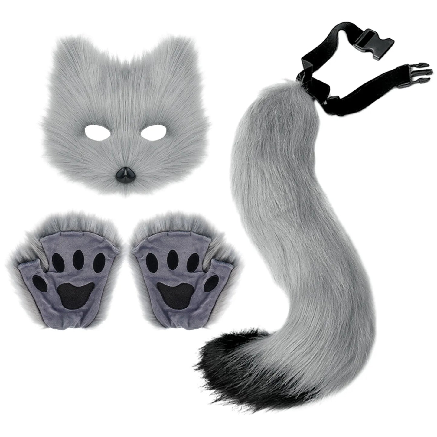 sengpan Fluffy Fur Fox Tail Keychain Cat Paws Gloves and Wolf Therian Mask Set for Halloween Cosplay Costume Accessories