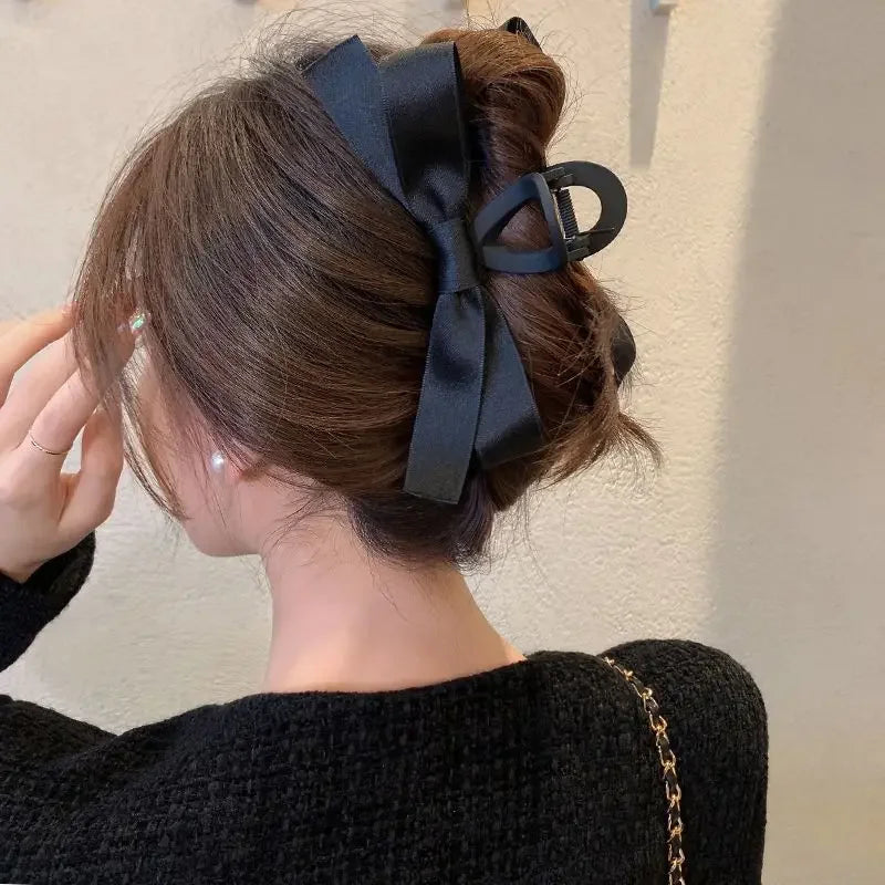 sengpan Black Bowknot Hair Claw Sweet Silk Ribbon Bow Hairpin Bang Clip Korean Girls Fashion Grab Clips Female Headwear Hair Accessories