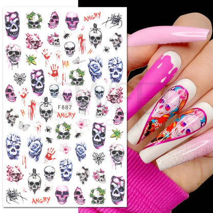 sengpan Cute Halloween Nail Design Sticker Pink Cartoon Skull Pumpkin Spooky 3D Punk Holiday Manicure Slider Nail Art Accessories BEF886