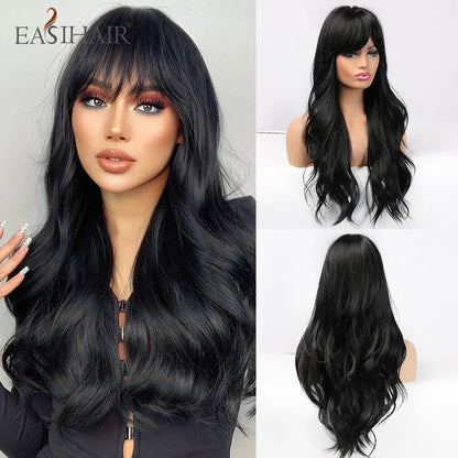 sengpan Orange Blonde Ombre Long Wavy Synthetic Wigs with Bangs Party Cosplay Wig for Women Natural Fake Hair Heat Resistant