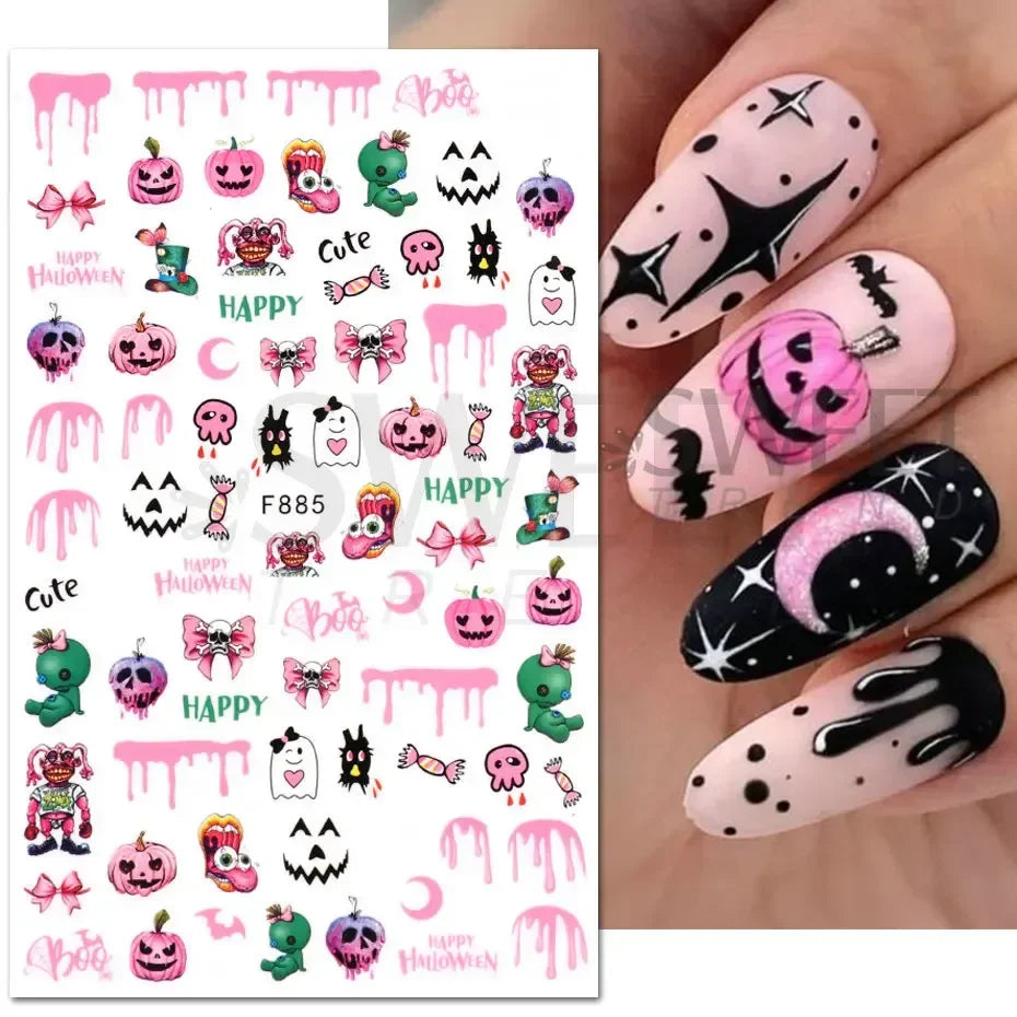 sengpan 5D Halloween Ghost Pumpkin Embossed Nail Stickers Decals Spider Web Clown Bone Nail Art Gel Sliders Design Manicure Decorations