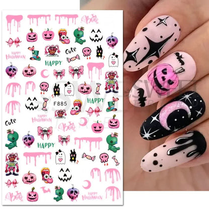 sengpan 5D Halloween Ghost Pumpkin Embossed Nail Stickers Decals Spider Web Clown Bone Nail Art Gel Sliders Design Manicure Decorations