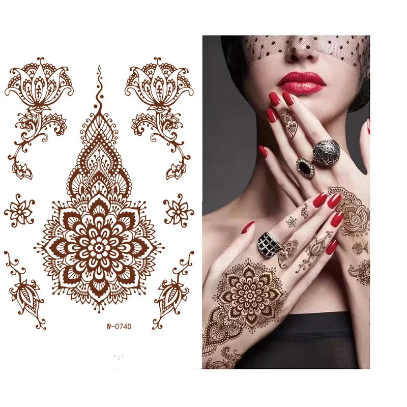 sengpan Waterproof Temporary Brown Henna Tattoo Stickers Chest Lace Mandala Henna Tattoos for Women Diamond Flower Body Art Fake Tatoo