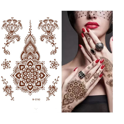 sengpan Waterproof Temporary Brown Henna Tattoo Stickers Chest Lace Mandala Henna Tattoos for Women Diamond Flower Body Art Fake Tatoo