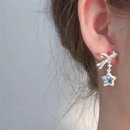 sengpan Sweet Fantasy Y2K Style Crystal Star Bowknot Pendant Earrings For Egirl Y2K EMO 2000s Harajuku Goth Vintage Jewelry Accessories